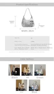 Detailed size specifications and material chart for the multi-functional PU hobo tote bag
