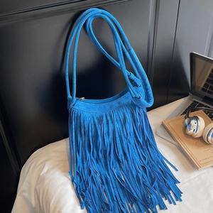 Royal blue frosted suede woven fringe crossbody bag with bohemian tassel design for women
