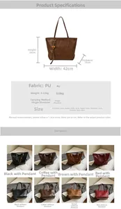 Detailed chart showing PU tote bag dimensions and available colors like black and brown