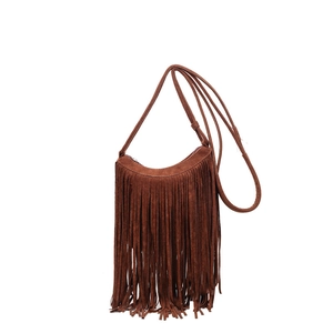 Vintage brown suede fringe crossbody bag with retro woven bohemian design for women