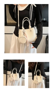Dettagli della borsa tote color crema con pochette rotonda e nappa in corda intrecciata