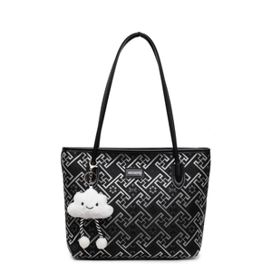 Ethnic style black tote bag with silver geometric patterns and a plush cloud charm