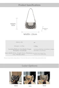 Detailed size chart for polka dot baguette bag showing dimensions 23x13x7cm and material info