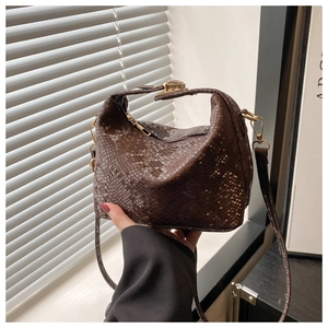 Close-up of retro brown snakeskin texture handbag with gold metal hardware and zipper