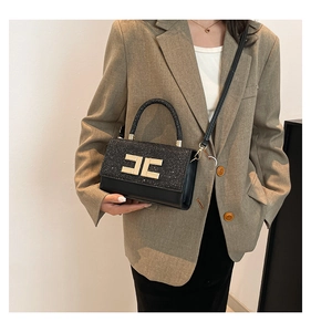 Detail of crossbody bag with sequined flap, smooth leather and gold logo buckle