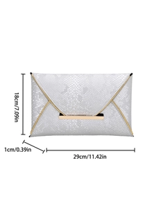 Silver snakeskin texture envelope clutch bag with gold trim and 29x18cm dimensions