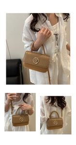 Detailed views of the brown textured leather handbag showing crossbody and handheld styles