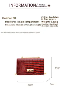 Detail view of red crocodile embossed PU leather bag with dimensions 18x11x7cm