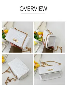 Detailed views of a white faux leather crossbody bag with crocodile texture and gold chain
