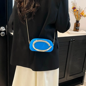 Hellblaue Mini Oval Umhängetasche mit großer goldener Ringschnalle und Kettengurt