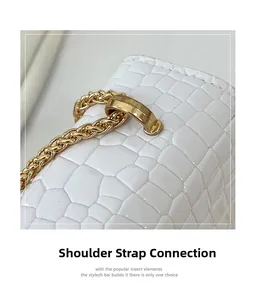 Macro detail of crocodile embossed texture and golden metal chain link on white handbag