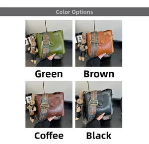 Four color options of retro bucket bags with vintage patterned wide straps and charms