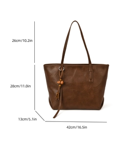 Detailed dimensions of a brown large capacity faux leather tote bag with wooden bead charm