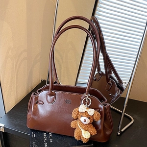 Women Retro Glossy Oil Wax PU Leather Underarm Tote Bag With Teddy Bear Plush Charm Fashion Urban Simple Commute Shoulder Bag