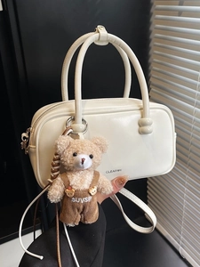 Women Fashion Boston Bag PU Leather Small Square Crossbody Bag With Plush Bear Charm Stitching Casual Shoulder Handbag Spring New