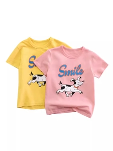 T-Shirt À Manches Courtes Pour Fillettes 100% Coton Col Rond Motif Chien Cartoon Smile Hauts D'Été Décontractés