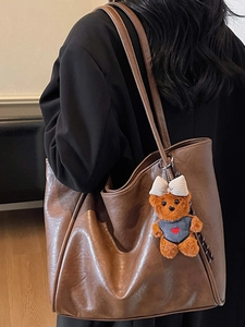 Retro dark brown large PU leather tote bag with cute plush bear charm on shoulder strap