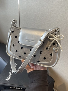 Chic silver and gray polka dot baguette shoulder bag with pearl bow and heart charms