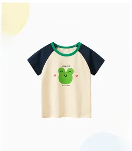 Detail of color-block raglan sleeves and cute frog print on kids cotton summer t-shirt