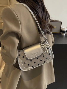 Silver retro polka dot baguette bag with pearl bow charm and heart pendant