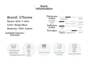 Detailed size and material specification chart for 100% cotton girls' summer T-shirts