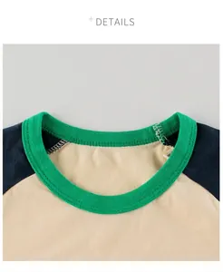 Detail of round ribbed green neckline on cream kids raglan t-shirt with navy sleeves