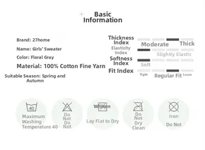 Detailed size and care information chart for 100% cotton girls knit sweater