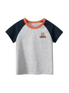 T-Shirt À Manches Courtes Raglan Pour Filles 100% Coton Bloc De Couleur Imprimé Ours De Dessin Animé Haut Décontracté