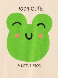 Front view of beige cotton kids T-shirt with a cute green frog and 100% CUTE text