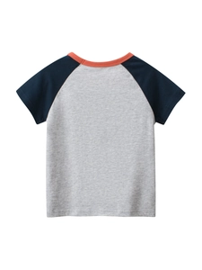 T-shirt raglan à manches courtes pour enfants gris chiné et bleu marine avec col orange