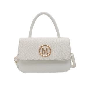 French style white woven leather flap bag with gold M hardware and top handle