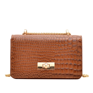 Glossy brown crocodile pattern chain crossbody bag with golden metal rectangle lock
