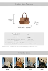 Size chart showing 23x16x9cm dimensions and PU material specs for the square handbag
