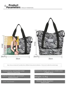 Detailed view of zebra print travel bag showing dimensions and water-repellent oxford fabric