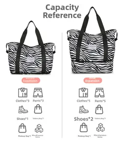 Comparison of travel bag capacity before and after expansion with cow print design