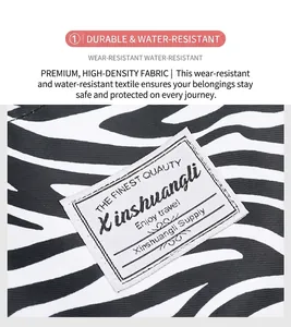 Detail of water-resistant zebra pattern oxford fabric with branded woven travel label