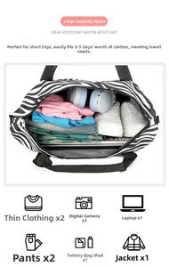 Detail view of large cow print travel bag interior capacity and storage features