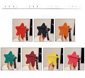 Star-shaped coin purse in seven colors featuring litchi grain texture and love strap