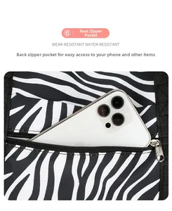 Macro view of water-resistant zebra pattern travel bag with rear zipper pocket for phone