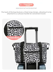 Detail of travel bag trolley sleeve with cow print waterproof fabric and strap