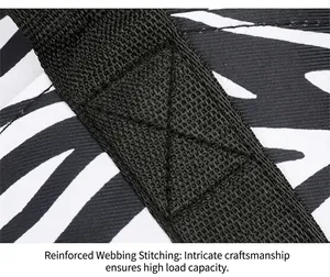 Detail of zebra pattern shoulder bag with reinforced X-stitching on durable nylon strap