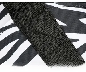 Detail of zebra pattern shoulder bag with reinforced X-stitching on durable nylon strap