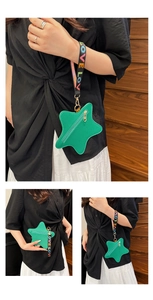 Detail of green star-shaped pouch with leather texture and colorful LOVE logo strap
