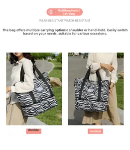 Detail of zebra print travel tote bag showing wear-resistant and waterproof material
