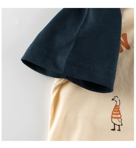 Detail of raglan sleeves and cute goose print on kids cotton t-shirt fabric