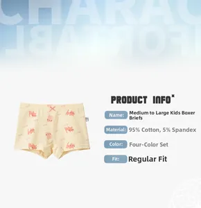 Detail view of yellow girls cotton boxer briefs with pink cat prints and fabric specs