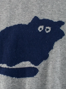 Gray knitted children sweater with navy cartoon cat pattern and fine jacquard texture