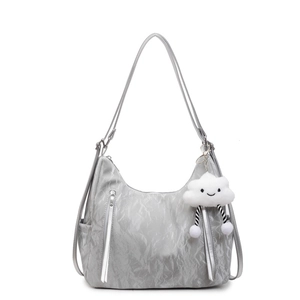 Silver metallic pleated shoulder bag with white cloud charm and dual zipper details