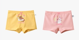 Detail view of cotton boxer briefs set for girls featuring cartoon bear and rabbit prints