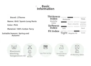 Size chart and fabric details for pink girls cotton sweatpants showing washing care icons